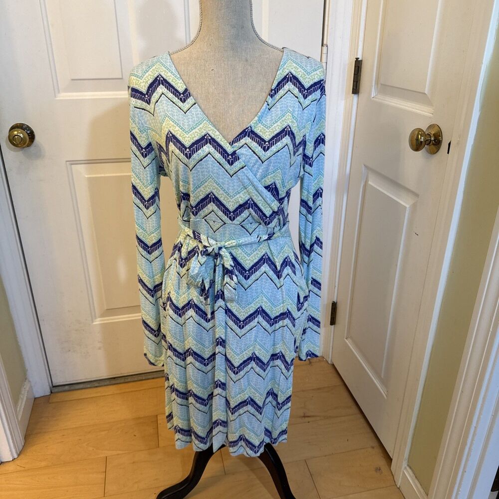 CHEVRON WRAP Dakini Purple Blue Green Wrap Dress longsleeved Comfort Size L